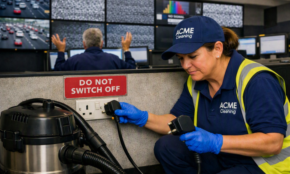 An illustration of a possible cause for unexpected systems failures, when a cleaner plugs in a vacuum cleaner in a control room 