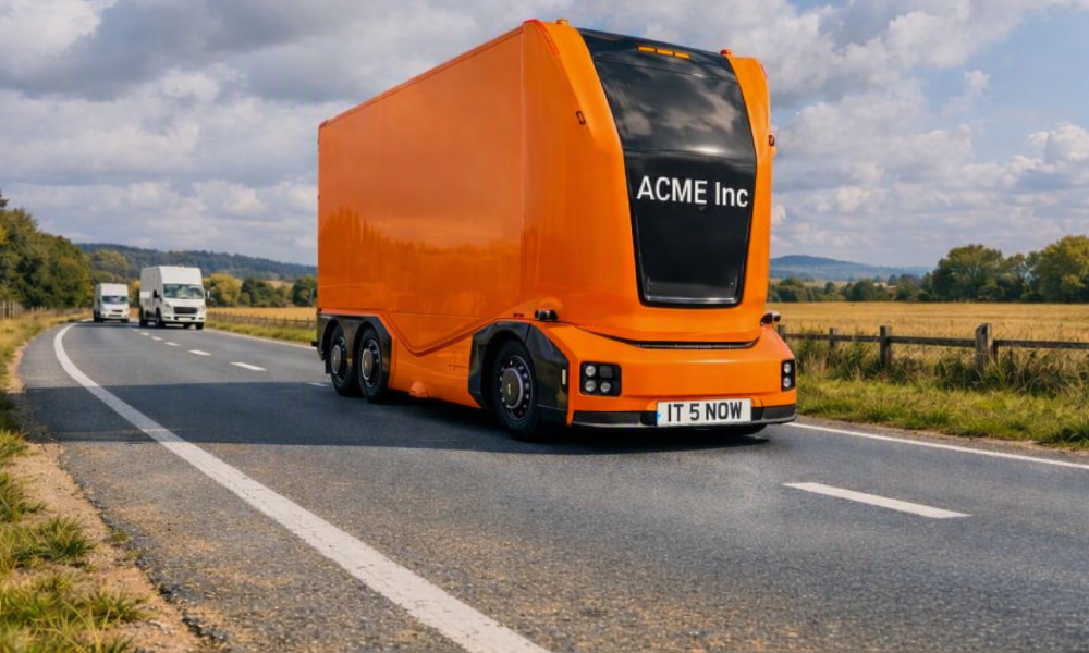 An illustration of a fully automated freight truck on the road  