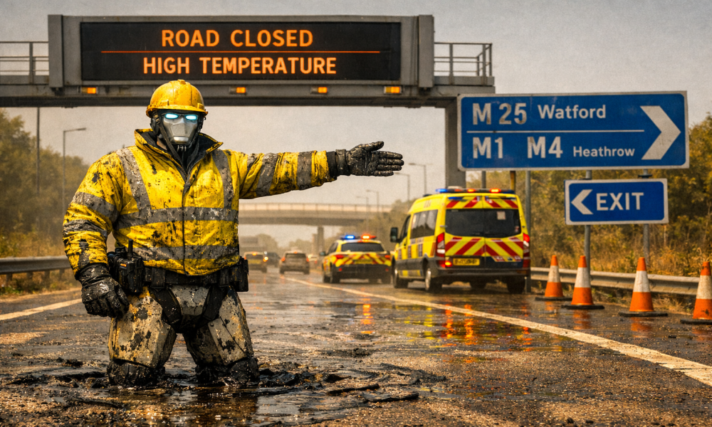 An illustration of a humanoid robot directing traffic on a melted motorway 