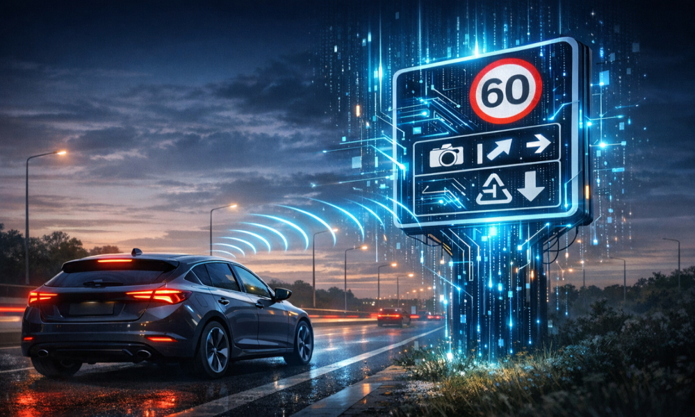Image of a futuristic looking digital twin road sign communicating with a passing vehicle.