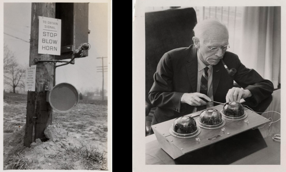 Image of first vehicle actuated signals and their inventor Charles Adler jr