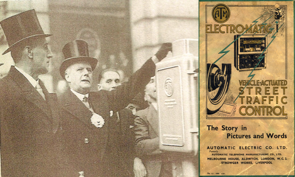 Image of first vehicle actuated signals in UK being switched on in 1932