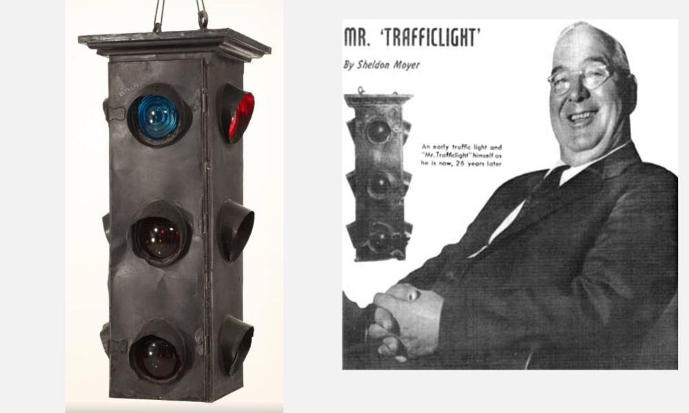 Image of the first 3-aspect traffic signal and portarit of William Potts