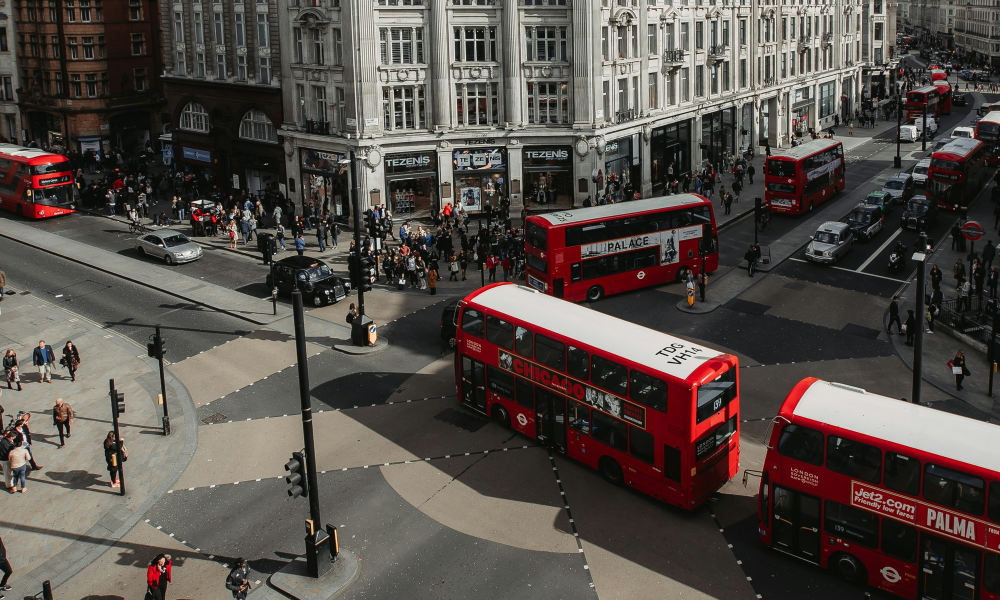 Image of London red buses in Oxford Circus