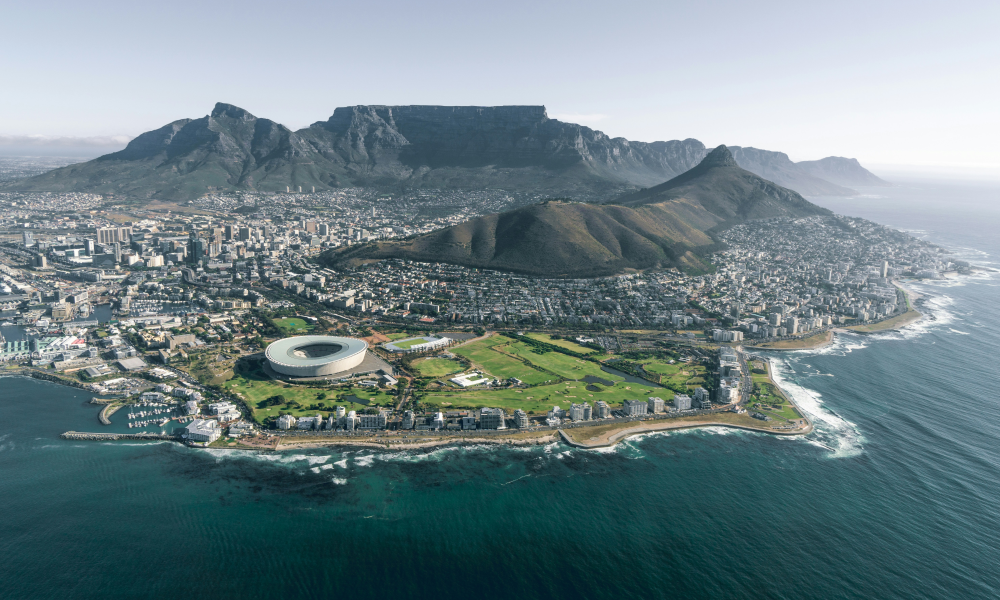 An aerial photo of Cape Town, host of the 2027 ITS Africa Conference   