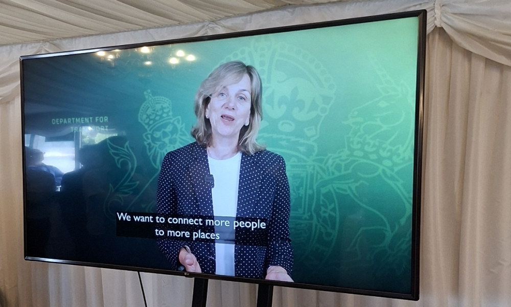 Image of Lilian Greenwood MP addressing the reception by video link