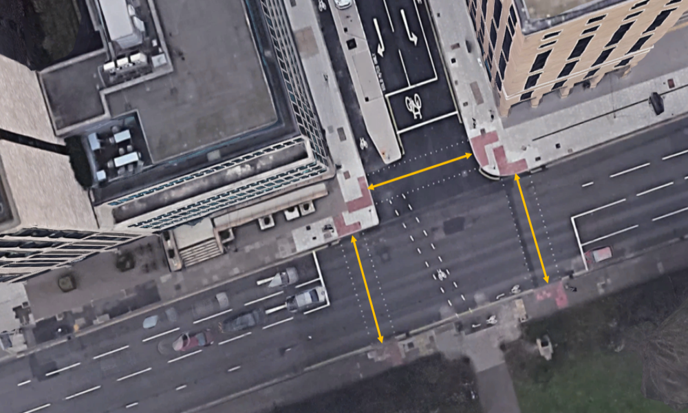aerial view of an urban junction illustrating pedestrian crossing distances