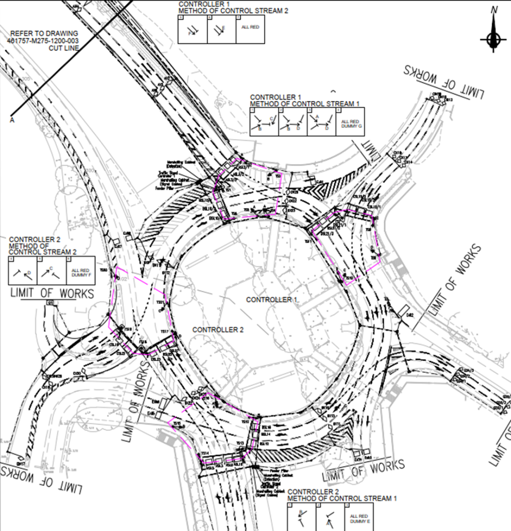 Image of a design drawing for a multi-controller, multi-stream signalised roundabout