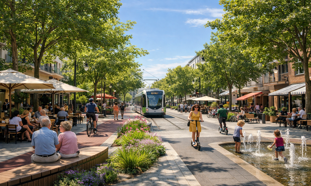 An illustration of an urban city devoid of cars 