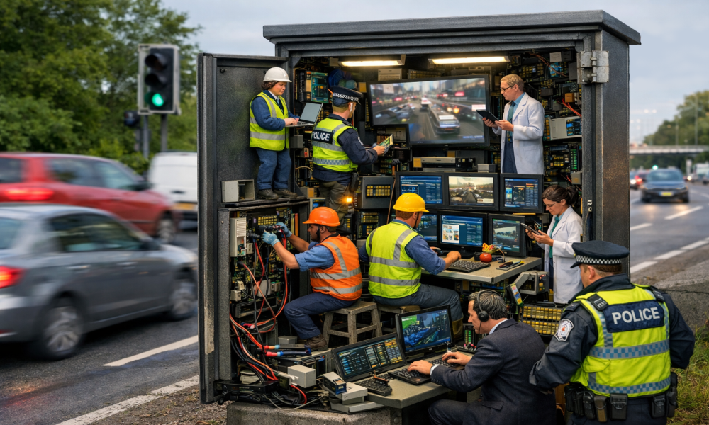 An illustration of a team of miniature workers in a roadside cabinet 