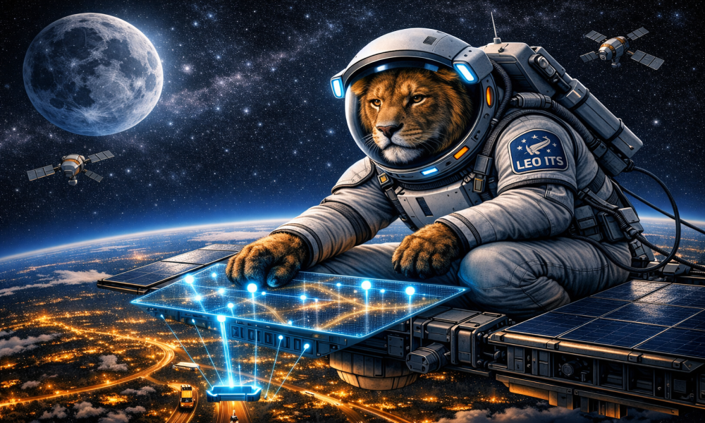 An illustration of a lion (LEO) in a space suite working on a satellite to control ITS on the ground 