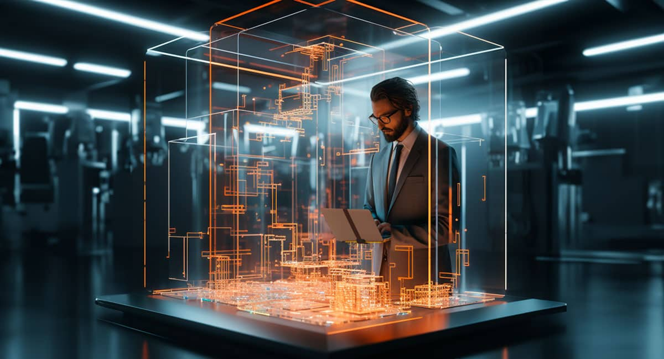 A futuristic image of a man standing in front of a holographic computer