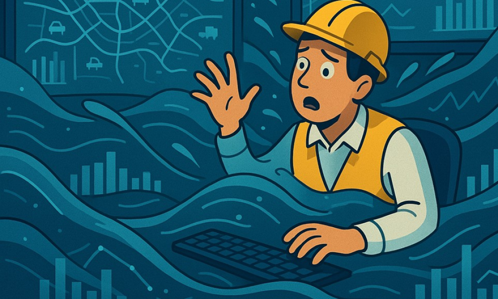 Image of an engineer, drowning in data